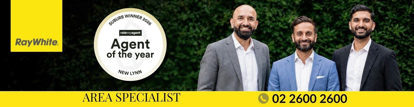 Area Specialist team of Ray White Austar Realty, New Lynn real estate agents Robbie Bhullar, Vish Bhati and Piyush Singh, with the RateMyAgent Agent of the Year Suburb Winner New Lynn 2026 badge